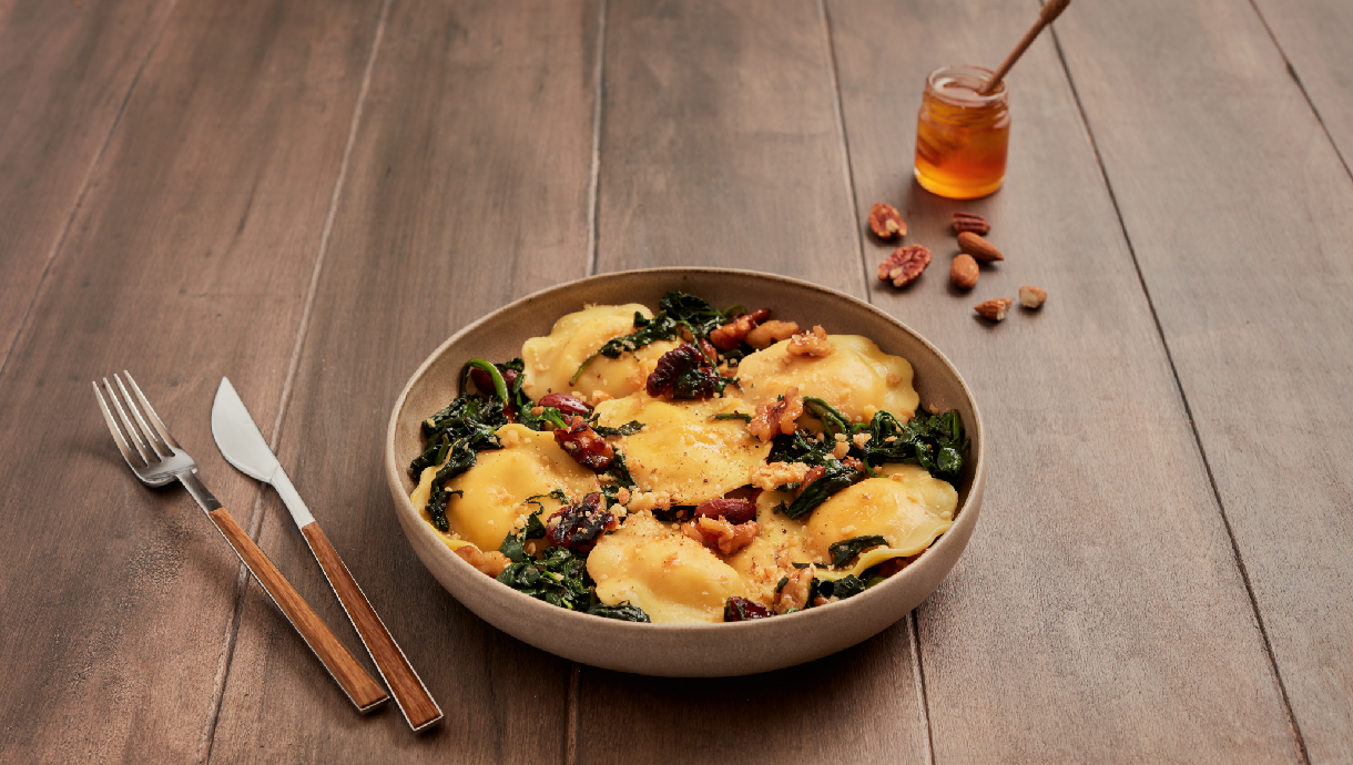 Raviolis Com Frutos Secos, espinafres e Rúcula